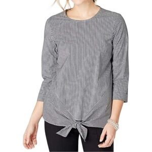 J. JILL Gray White Striped 3/4 Roll Sleeve Keyhole Front Waist Tie Cotton Top S